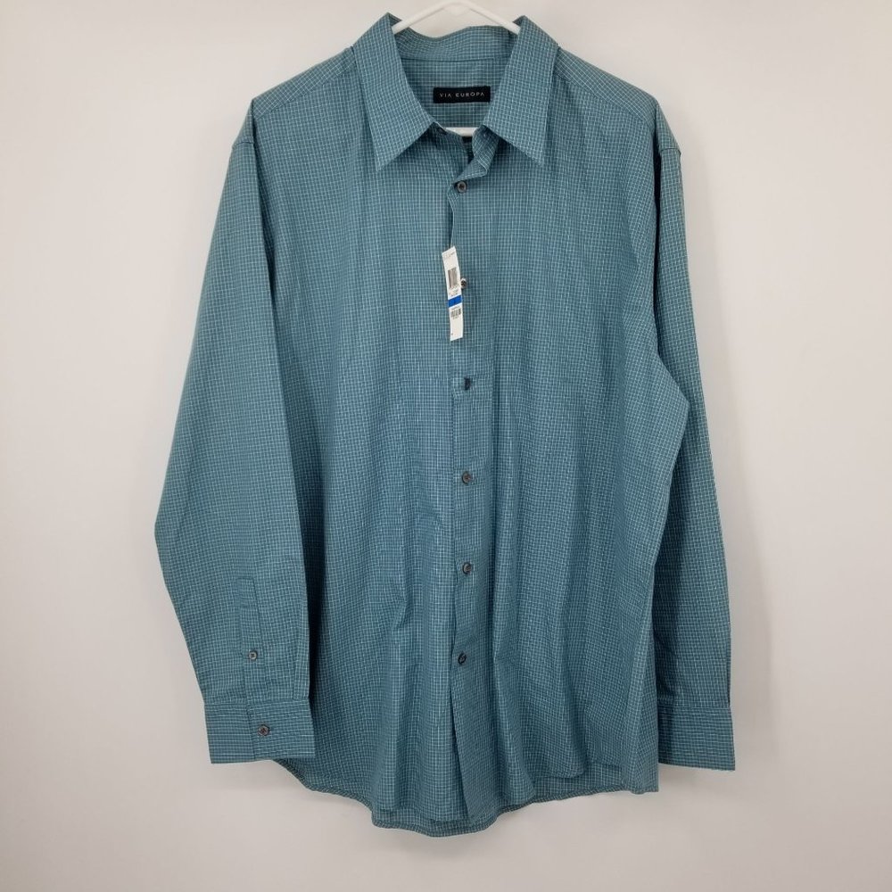 NWT Via Europa Seaglass Green Plaid Dress Shirt Size XL‎